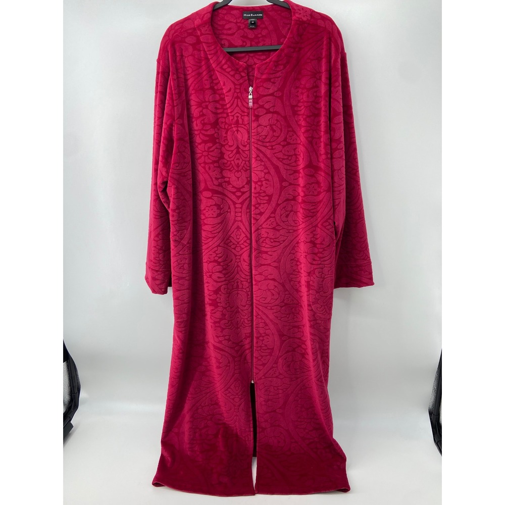 Miss Elaine Robe Women 2X Red Zip Front Fleece Embossed Damask Loungewear Cozy